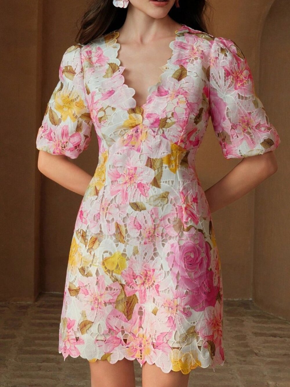 Pink Boho Women's V-Neck Puff Sleeve Ruffled A-Line Lace Floral Print Dress